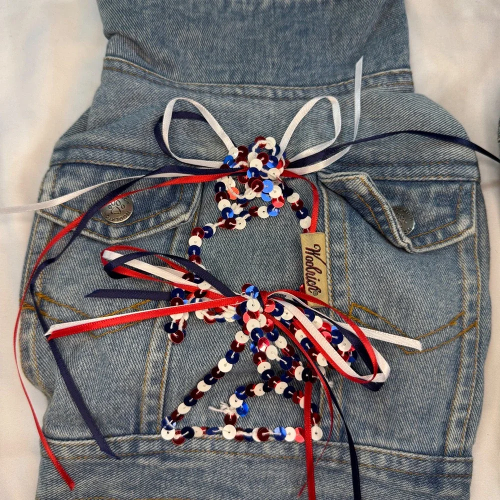 Woolrich Small Dog Denim Jacket Vest Set Patriotic Sequin Stars Blue Medium Wash